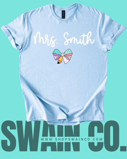 Personalized Pencil Bow T-Shirt – Custom Teacher or Grade Name Tee – Back to School Shirt – Teacher Gift – Student Shirt – Classroom Style