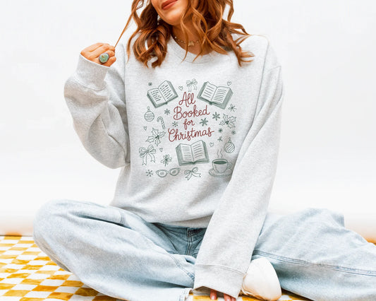 All Booked for Christmas Sweatshirt, Cozy Book Lover Christmas Crewneck, Reading Holiday Sweater, Line Art Book Tee, Gift for Readers