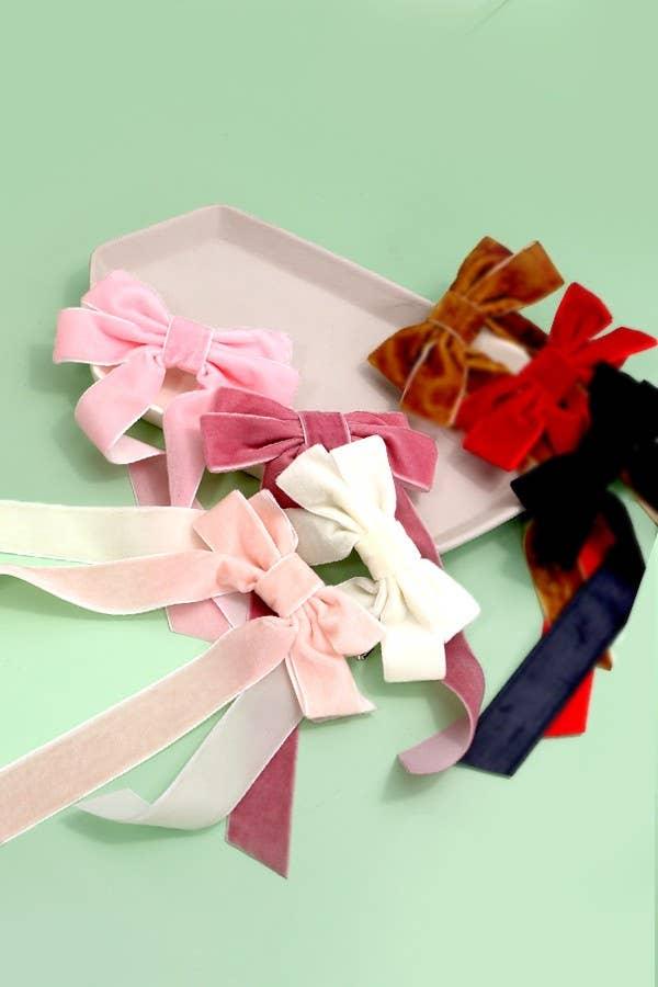 SOFT LONG VELVET RIBBON BOW HAIR CLIPS - Black