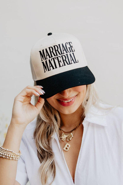 Marriage Material Trucker Hat | Two-Toned Embroidered Hat for Women | Black and Tan Snapback Hat | Sassy Bride Hat | Western Bachelorette Gift