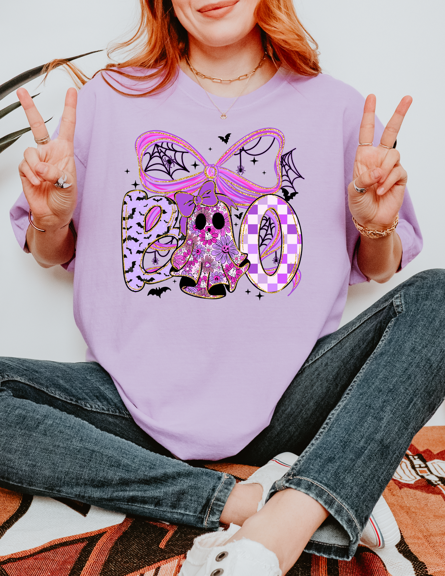 Preppy Halloween Boo Bow T-Shirt | Neon Purple and Black Ghost Shirt | Coquette Bow Halloween Tee | Spooky Cute Fall Outfit | Preppy Halloween Shirt