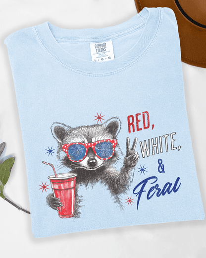 Red, White & Feral Raccoon T-Shirt | Funny Fourth of July Shirt | Patriotic Graphic Tee | USA Animal Shirt | Independence Day Outfit | Trash Panda Tee