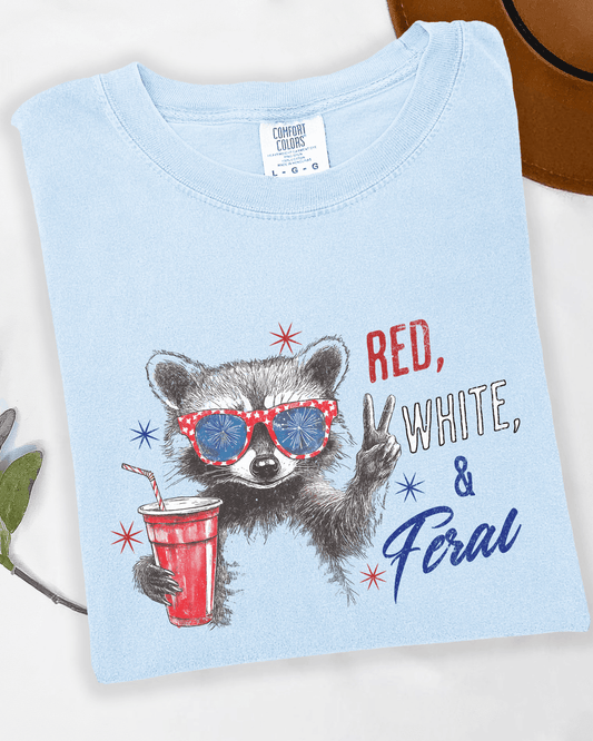 Red, White & Feral Raccoon T-Shirt | Funny Fourth of July Shirt | Patriotic Graphic Tee | USA Animal Shirt | Independence Day Outfit | Trash Panda Tee
