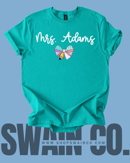 Personalized Pencil Bow T-Shirt – Custom Teacher or Grade Name Tee – Back to School Shirt – Teacher Gift – Student Shirt – Classroom Style