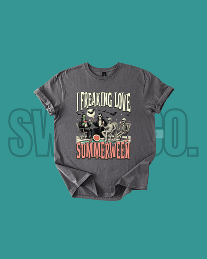 I Freaking Love Summerween T-Shirt | Funny Halloween in Summer Tee | Summer Spooky Season Shirt | Ghosts & Popsicles Graphic Tee
