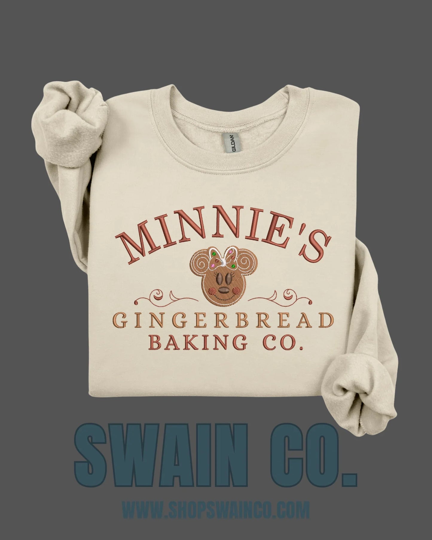 Minnie’s Gingerbread Baking Co. Embroidered Christmas Sweatshirt | Disney Themed Holiday Crewneck | Cozy Gingerbread Sweatshirt | Christmas Gift for Her