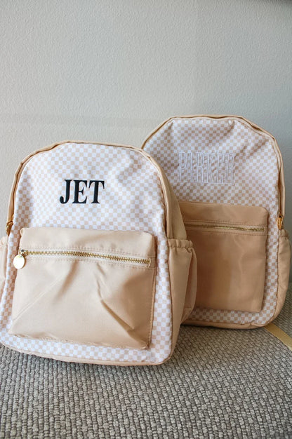 Personalized Tan Checkered Backpack – Standard Size | Back to School Ready