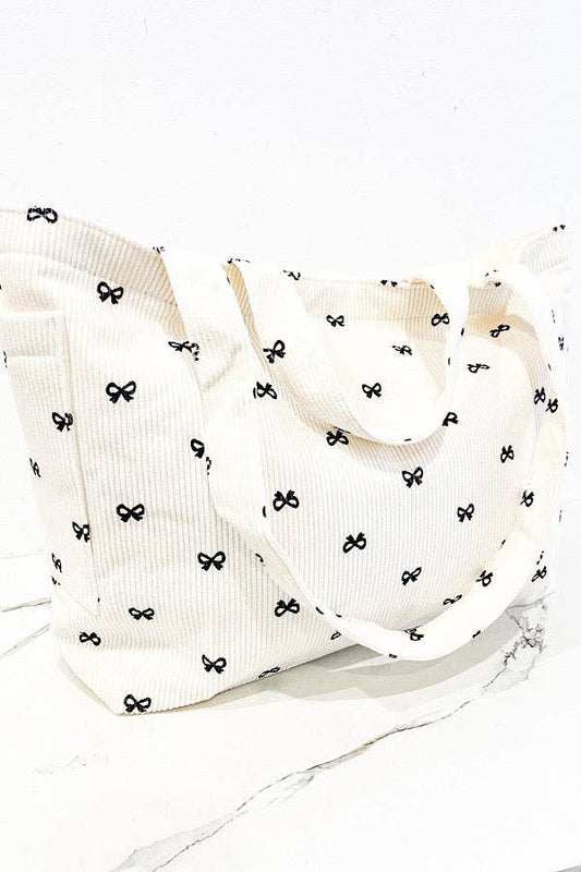 Brittany Cream Bow Print Tote Bag – Personalized Name Option