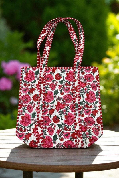 Poppy Lane Pink Floral Tote Bag | Block Print Cotton Tote | 17”x14”x4” | Eco-Friendly & Stylish Everyday Bag | Personalization Optional