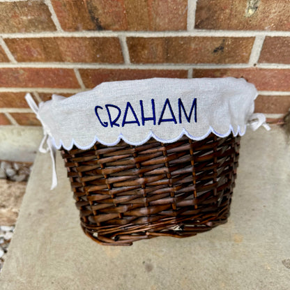 Personalized Easter Basket with Embroidered Scalloped Liner | Wicker Easter Basket | Custom Name Easter Bucket | Keepsake Easter Decor | Kids Easter Gift