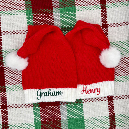 Personalized Knitted Santa Hat – Baby & Toddler Christmas Hat | Custom Holiday Photo Prop | Embroidered Name Hat | First Christmas Outfit