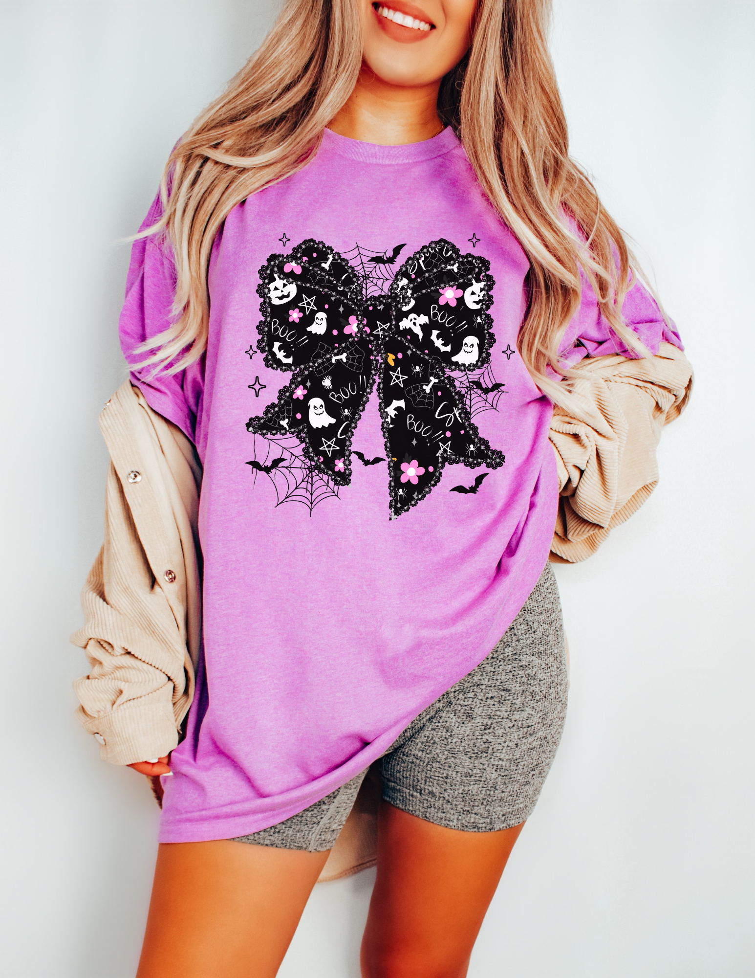 Halloween Bow T-Shirt | Lacey Black Bow Graphic Tee | Preppy Girly Halloween Shirt | Cute Ghost Bow Aesthetic | Fall Graphic Tee