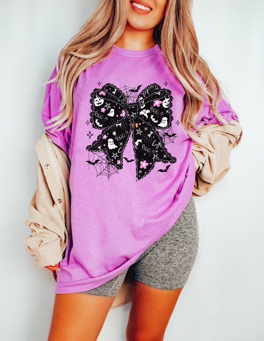 Halloween Bow T-Shirt | Lacey Black Bow Graphic Tee | Preppy Girly Halloween Shirt | Cute Ghost Bow Aesthetic | Fall Graphic Tee