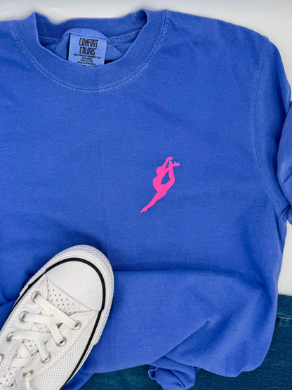 Blue sweatshirt with a pink logo and a white sneaker on a white background