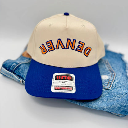 Upside Down “DENVER” Embroidered Trucker Hat – Blue & Orange | Colorado Gift | Game Day Hat | Retro Sports Cap