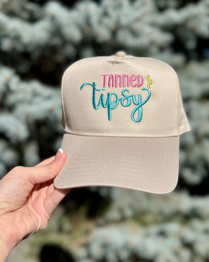 Tanned & Tipsy Embroidered Trucker Hat | Beach Bachelorette Hat | Lake Trip Hat | Girls Trip Baseball Cap