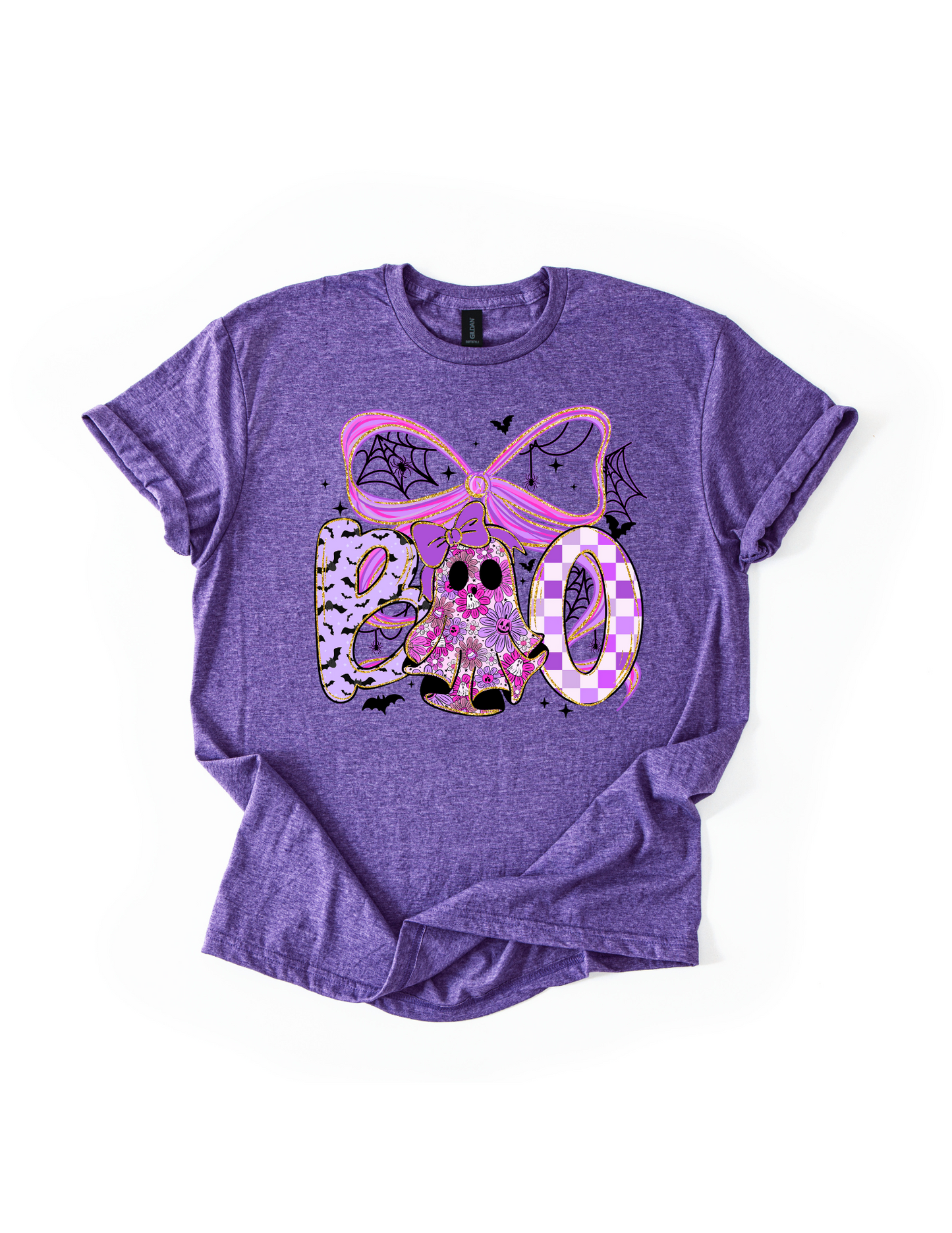 Preppy Halloween Boo Bow T-Shirt | Neon Purple and Black Ghost Shirt | Coquette Bow Halloween Tee | Spooky Cute Fall Outfit | Preppy Halloween Shirt
