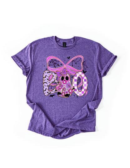 Preppy Halloween Boo Bow T-Shirt | Neon Purple and Black Ghost Shirt | Coquette Bow Halloween Tee | Spooky Cute Fall Outfit | Preppy Halloween Shirt