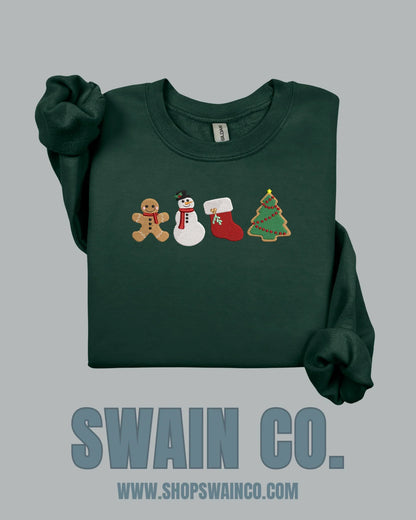 Embroidered Christmas Cookie Crewneck Sweatshirt | Gingerbread, Snowman, Stocking & Tree Embroidery | Holiday Sweatshirt | Cozy Christmas Gift