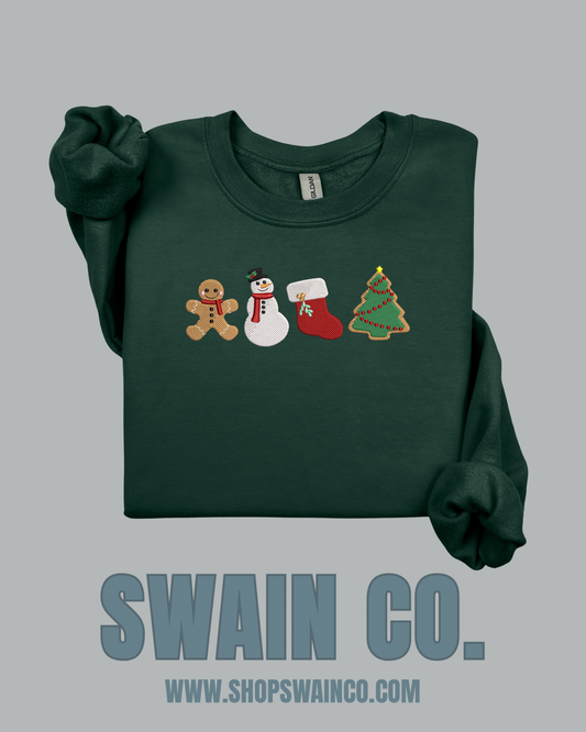 Embroidered Christmas Cookie Crewneck Sweatshirt | Gingerbread, Snowman, Stocking & Tree Embroidery | Holiday Sweatshirt | Cozy Christmas Gift