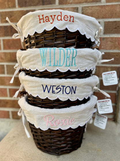 Personalized Easter Basket with Embroidered Scalloped Liner | Wicker Easter Basket | Custom Name Easter Bucket | Keepsake Easter Decor | Kids Easter Gift