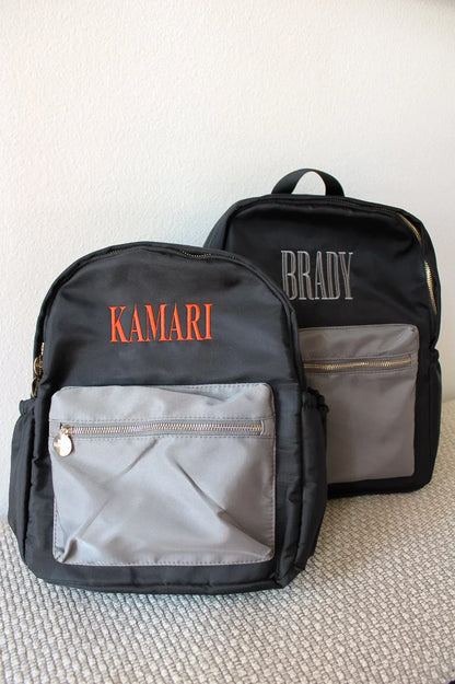 Personalized Black + Grey Colorblock Backpack – Standard Size, Custom Name Embroidery Included