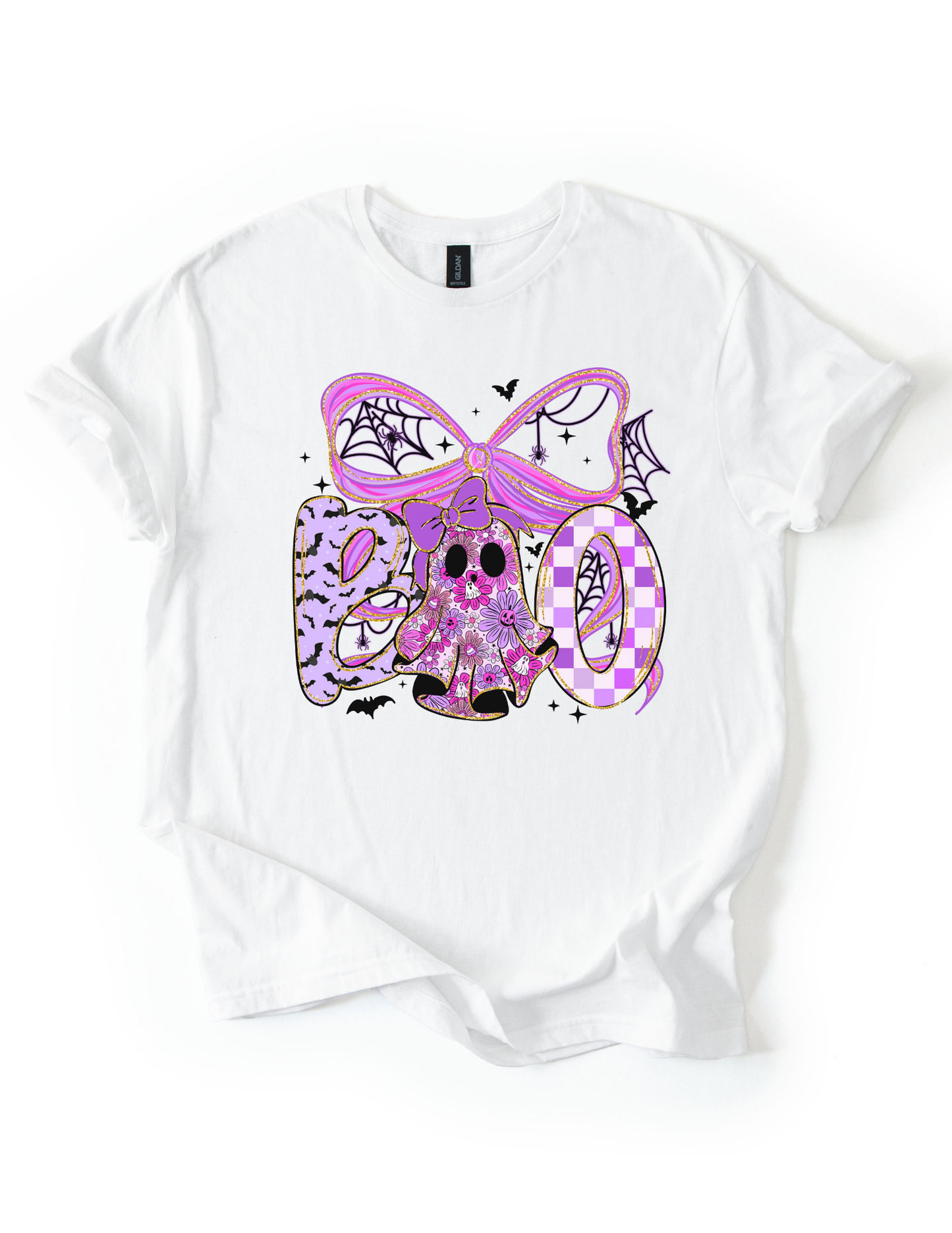 Preppy Halloween Boo Bow T-Shirt | Neon Purple and Black Ghost Shirt | Coquette Bow Halloween Tee | Spooky Cute Fall Outfit | Preppy Halloween Shirt