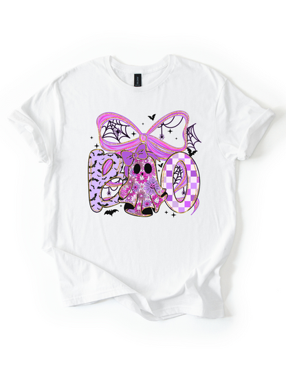 Preppy Halloween Boo Bow T-Shirt | Neon Purple and Black Ghost Shirt | Coquette Bow Halloween Tee | Spooky Cute Fall Outfit | Preppy Halloween Shirt