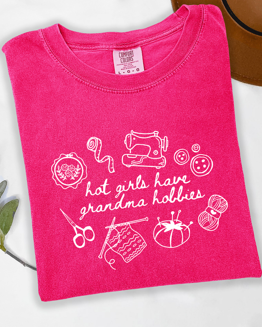 Hot Girls Have Grandma Hobbies Shirt – Comfort Colors Graphic Tee – Trendy Vintage Aesthetic T-Shirt – Funny Crochet Reading Baking Shirt for Women