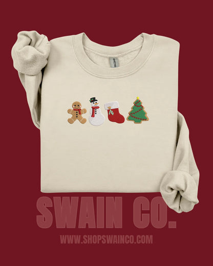 Embroidered Christmas Cookie Crewneck Sweatshirt | Gingerbread, Snowman, Stocking & Tree Embroidery | Holiday Sweatshirt | Cozy Christmas Gift
