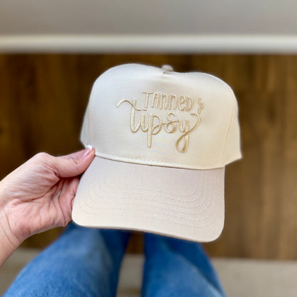 Tanned & Tipsy Embroidered Trucker Hat | Beach Bachelorette Hat | Lake Trip Hat | Girls Trip Baseball Cap