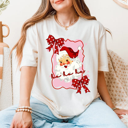 Retro Santa T-Shirt | Pink & Red Girlie Christmas Tee with Cute Santa & Bows | Ho Ho Ho Holiday Shirt