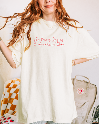She Loves Jesus and America Too Shirt | Christian Patriotic Graphic Tee | 4th of July Shirt | Faith & Freedom Shirt | USA Country Girl Tee