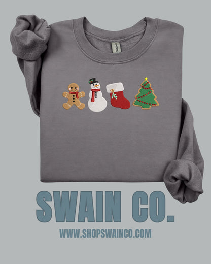 Embroidered Christmas Cookie Crewneck Sweatshirt | Gingerbread, Snowman, Stocking & Tree Embroidery | Holiday Sweatshirt | Cozy Christmas Gift