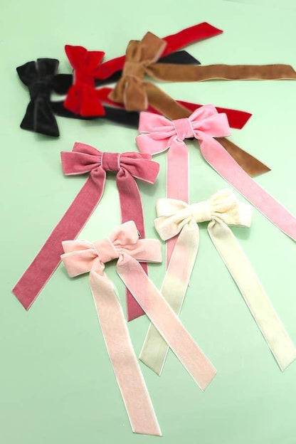 SOFT LONG VELVET RIBBON BOW HAIR CLIPS | 40H724: Off White