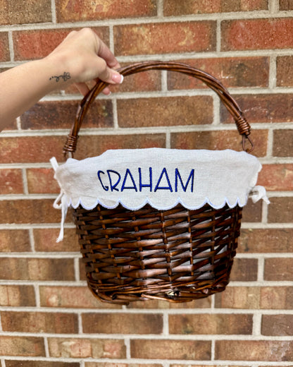 Personalized Easter Basket with Embroidered Scalloped Liner | Wicker Easter Basket | Custom Name Easter Bucket | Keepsake Easter Decor | Kids Easter Gift