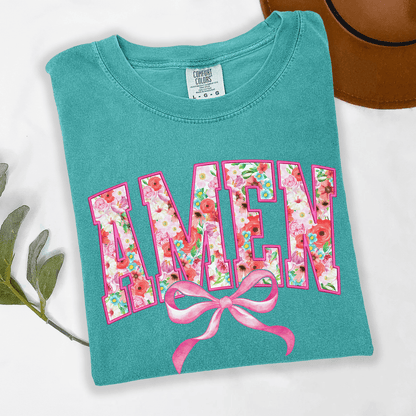 Floral Amen Bow Comfort ColorsT-Shirt | Christian Graphic Tee | Faith Based Shirt | Floral Bow Shirt | Women’s Graphic Tee