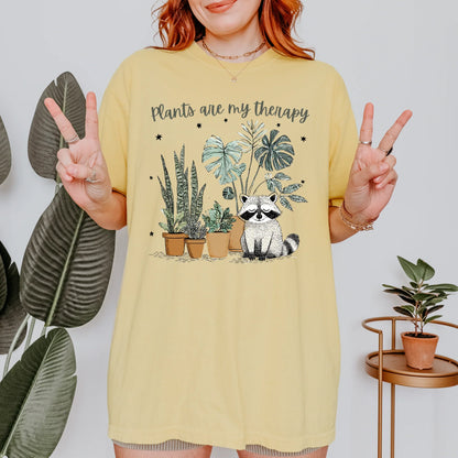 Plants Are My Therapy Raccoon T-Shirt | Funny Mental Health Tee | Plant Lover Gift | Cute Forest Animal Shirt | Gardening Therapy Shirt
