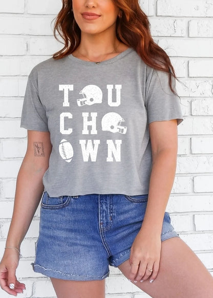 Touchdown Football Cropped Boxy Tee | Oversized Game Day Shirt | Women’s Football Graphic Tee | Neutral Sporty Fall Outfit