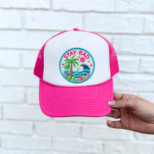 Stay Rad Trucker Hat – Two-Tone Vintage Summer Hat, Retro Trucker Cap, 90s Vibe Hat, Cute Beach Hat, Aesthetic Summer Gift, Good Vibes Hat