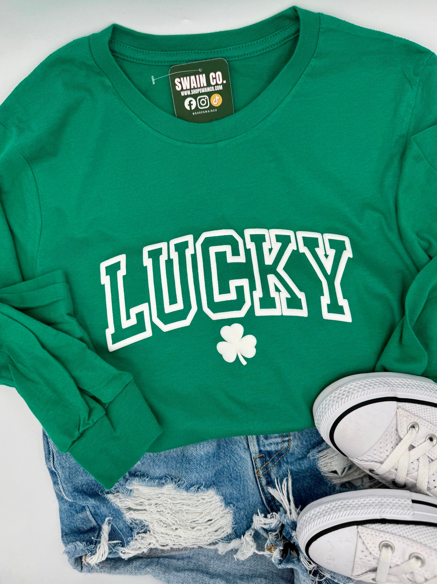 LUCKY Puff Print Long Sleeve T-Shirt | Trendy St. Patrick’s Day Shirt | Minimal Shamrock Vibes | Unisex Lucky Tee