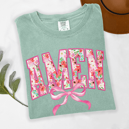 Floral Amen Bow Comfort ColorsT-Shirt | Christian Graphic Tee | Faith Based Shirt | Floral Bow Shirt | Women’s Graphic Tee