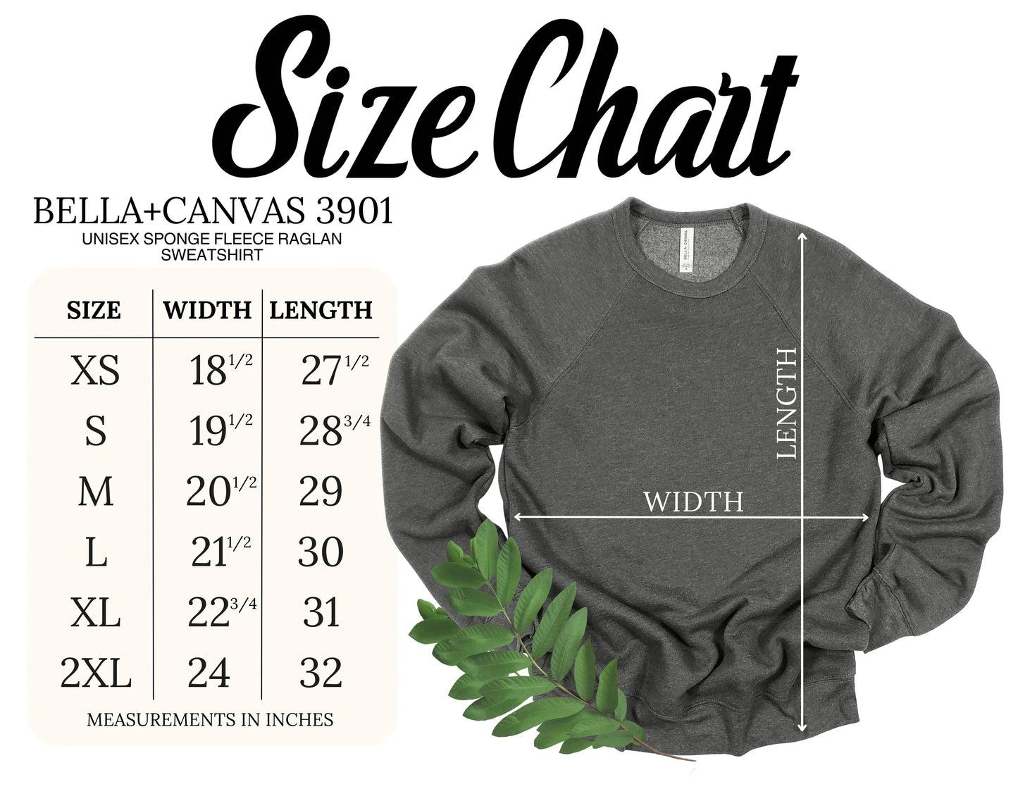 Size chart for Bella+Canvas 3901 sweatshirt with a gray sweatshirt and measurements.