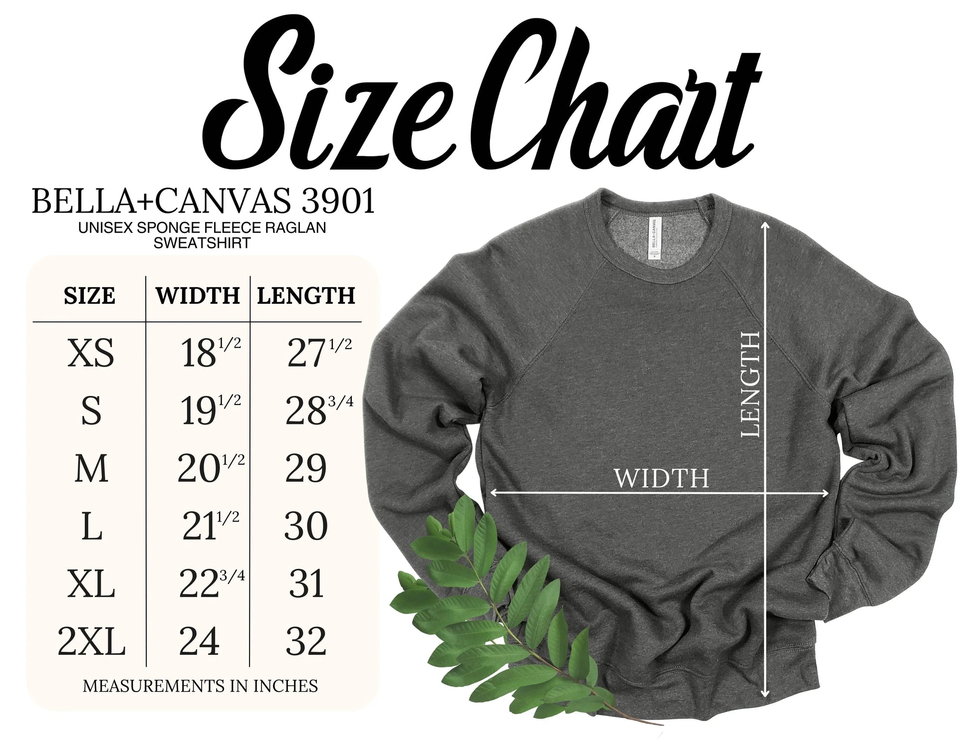 Size chart for Bella+Canvas 3901 sweatshirt with a gray sweatshirt and measurements.