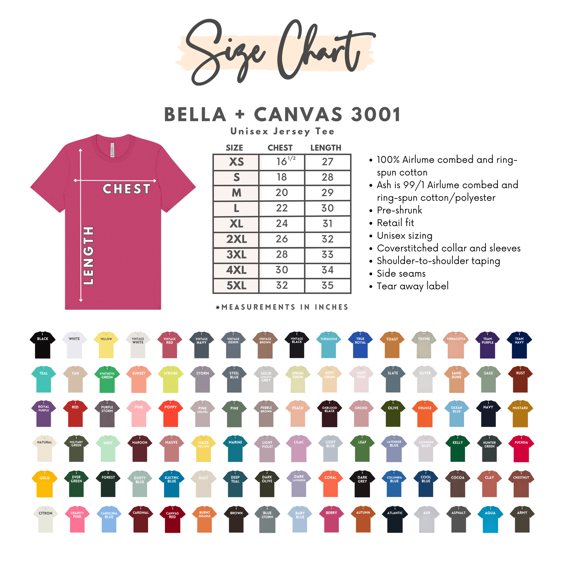 Size chart for Bella + Canvas 3001 t-shirts with color swatches below.