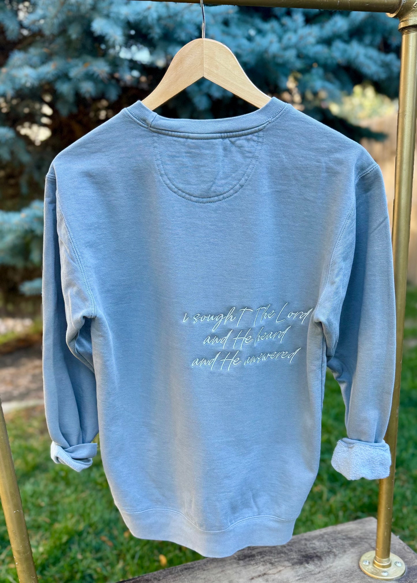 I Sought The Lord And He Heard And He Answered Monochromatic Embroidered Sweatshirt | Comfort Colors Christian Crewneck | Faith Bible Verse Embroidery | Religious Gift For Her