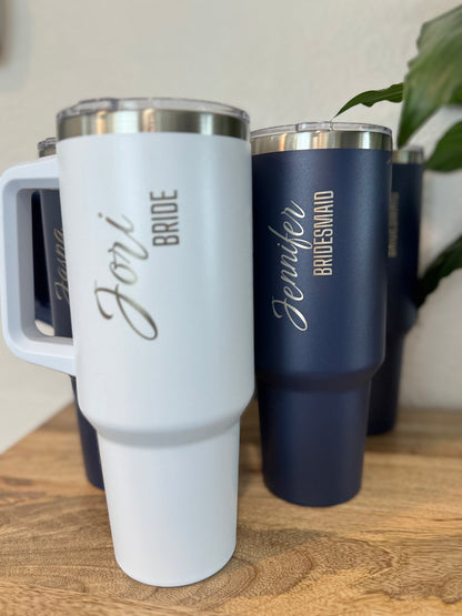 Personalized 40oz Tumbler with Handle, Custom Name Engraved Cup, Bride Bridesmaid Gift, Wedding Party Tumbler, Insulated Travel Mug