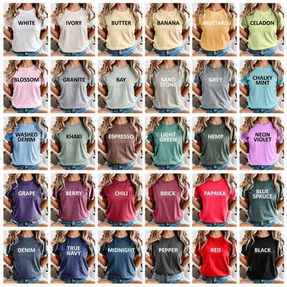 Grid of people wearing shirts in various colors with color names on the front.