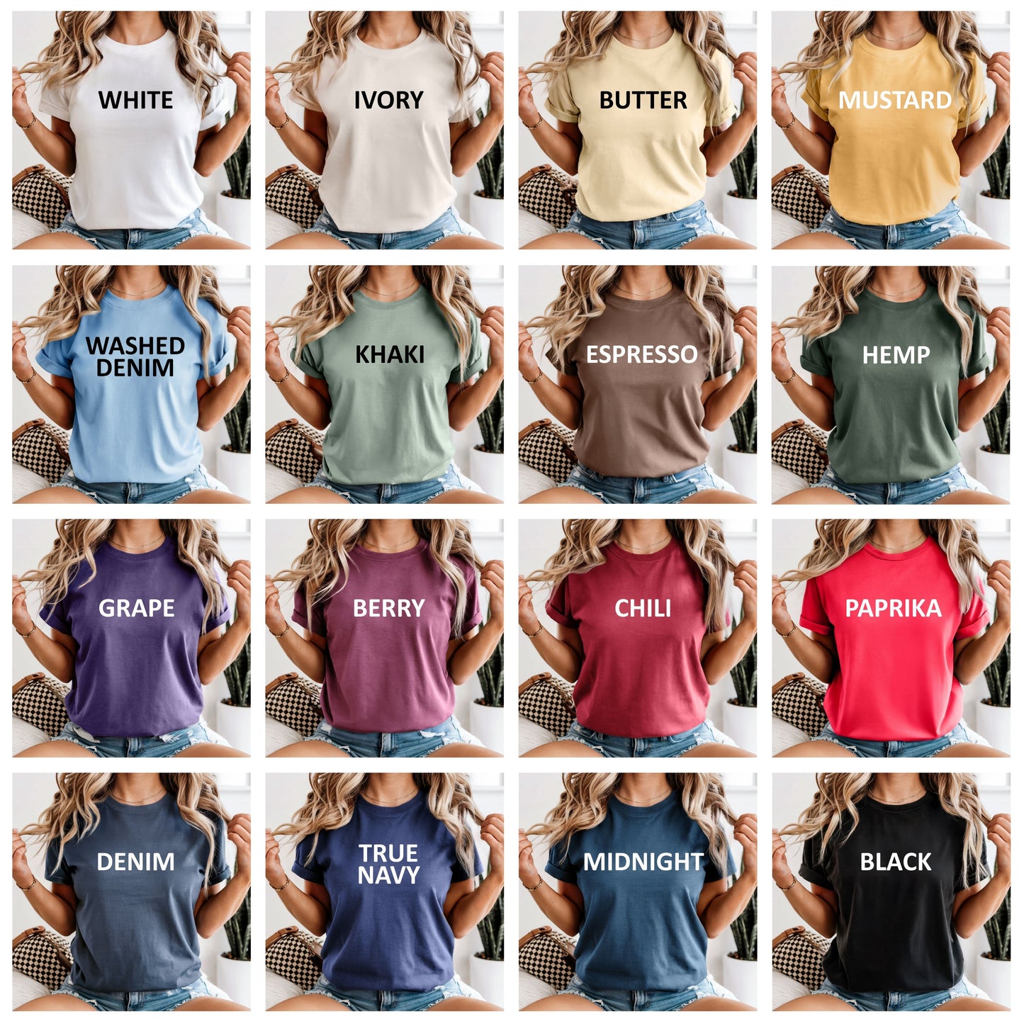 Grid of people wearing t-shirts in various colors with color names printed on them.