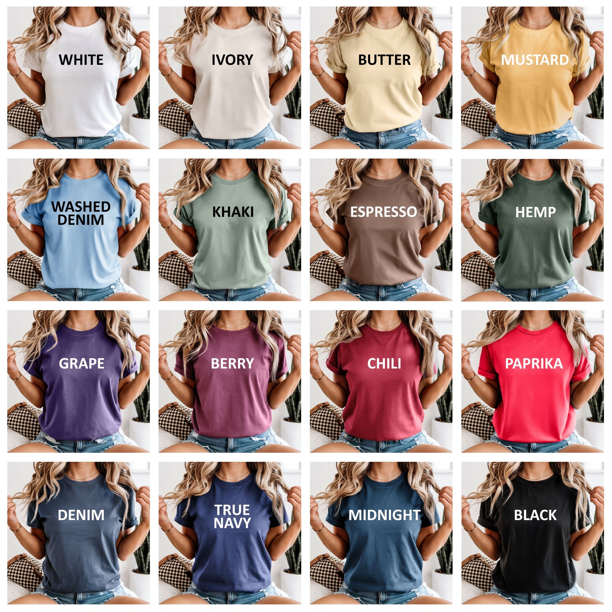 Grid of people wearing t-shirts in various colors with color names printed on them.